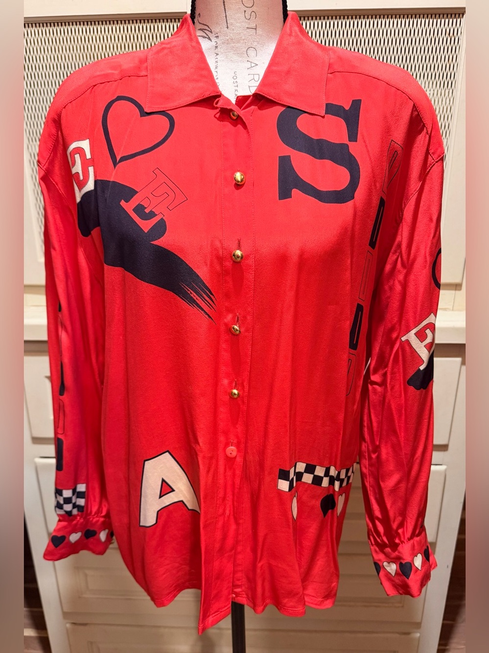 Vintage Escada Margaretha Ley Red Silk Alphabet Logo Blouse